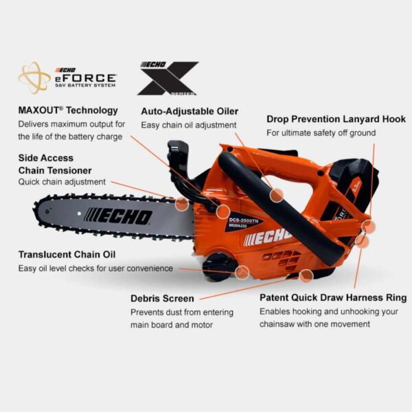 ECHO_56V_DCS-2500TN_Echo eFORCE® 56V Battery Top Handle 12'' Chainsaw Features