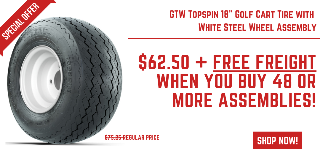 GTW Topspin 18 Golf Cart Tire with White Steel Wheel Assembly Banner