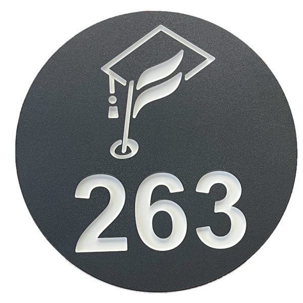 Image of Round Laminate Fairway Distance Markers in grey with white border, text, and yardage monument logo