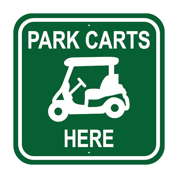 Image of Park Carts Here Traffic Sign in green with white border and text