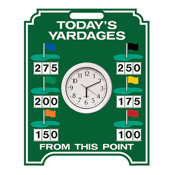 Image of Clock and Yardage Easel in green and white border and text