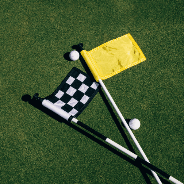 black-and-white-striped practice green flagstick